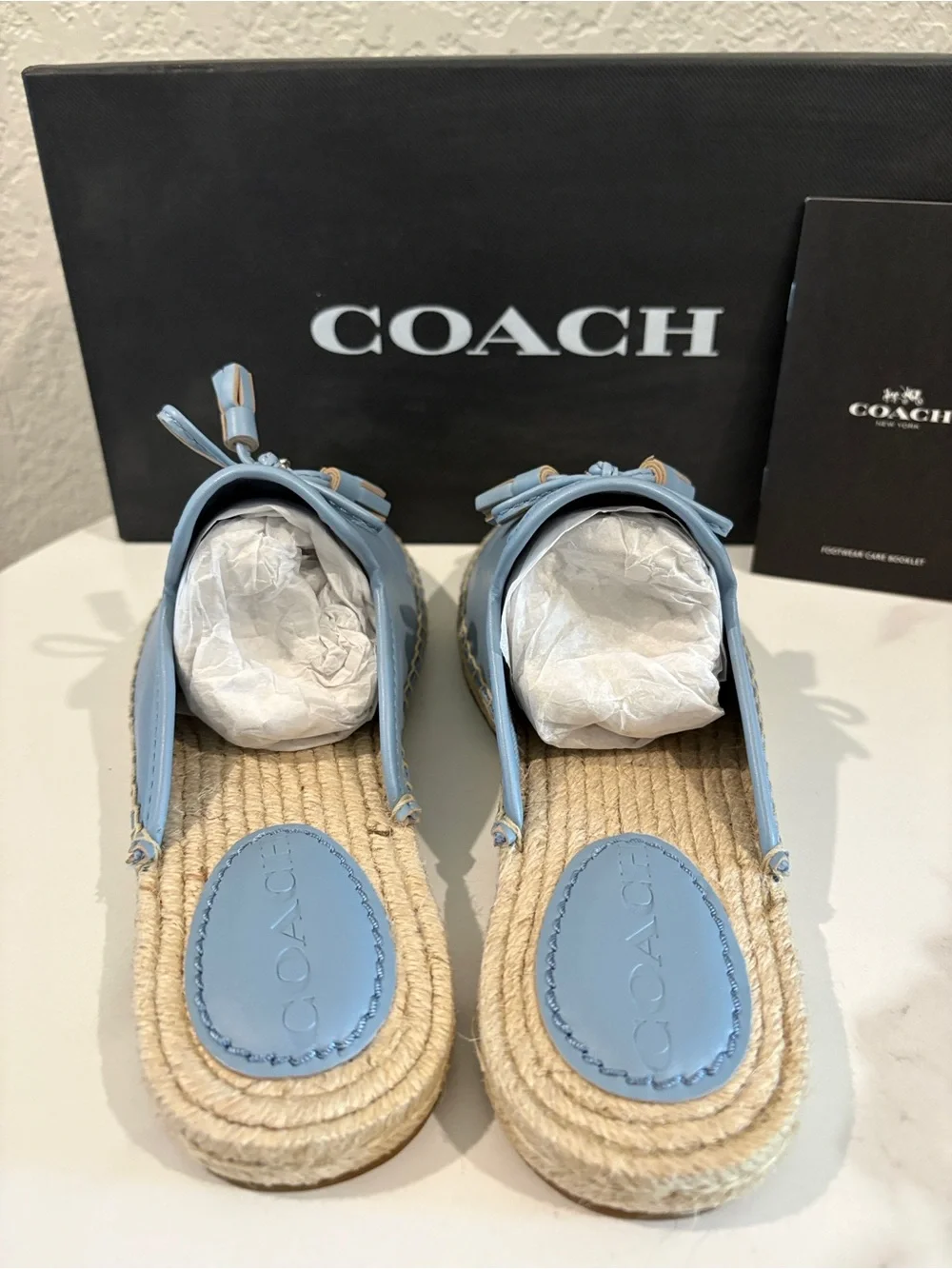 Coach Women's Light Blue Leather Espadrille Mules NWT